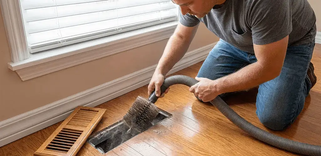 Air duct cleaning technician vacuuming a floor vent and duct opening in Wilmington, NC