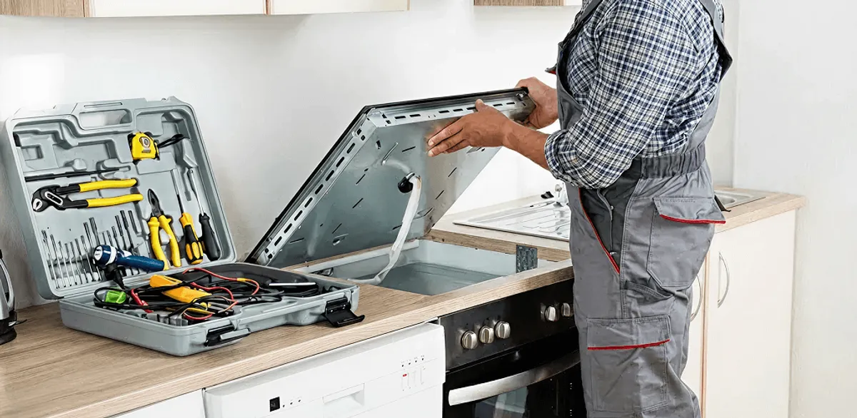 Handyman repairing a cooktop and checking wiring connections in Wilmington, NC