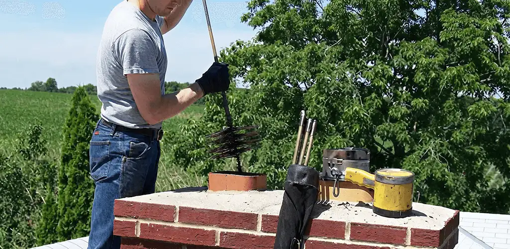 Chimney cleaning technician working on a rooftop chimney with professional tools in Wilmington, NC