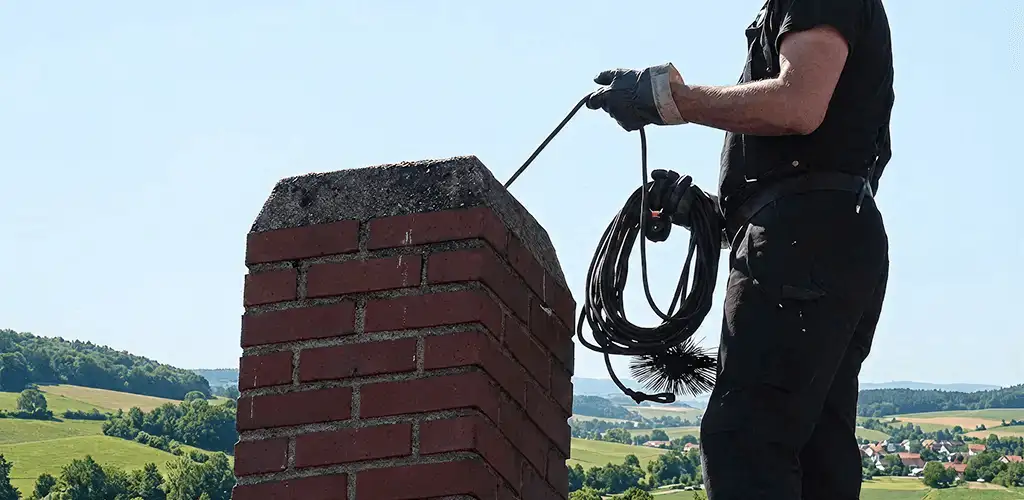 Chimney sweep inspecting and cleaning a rooftop chimney in Wilmington, NC