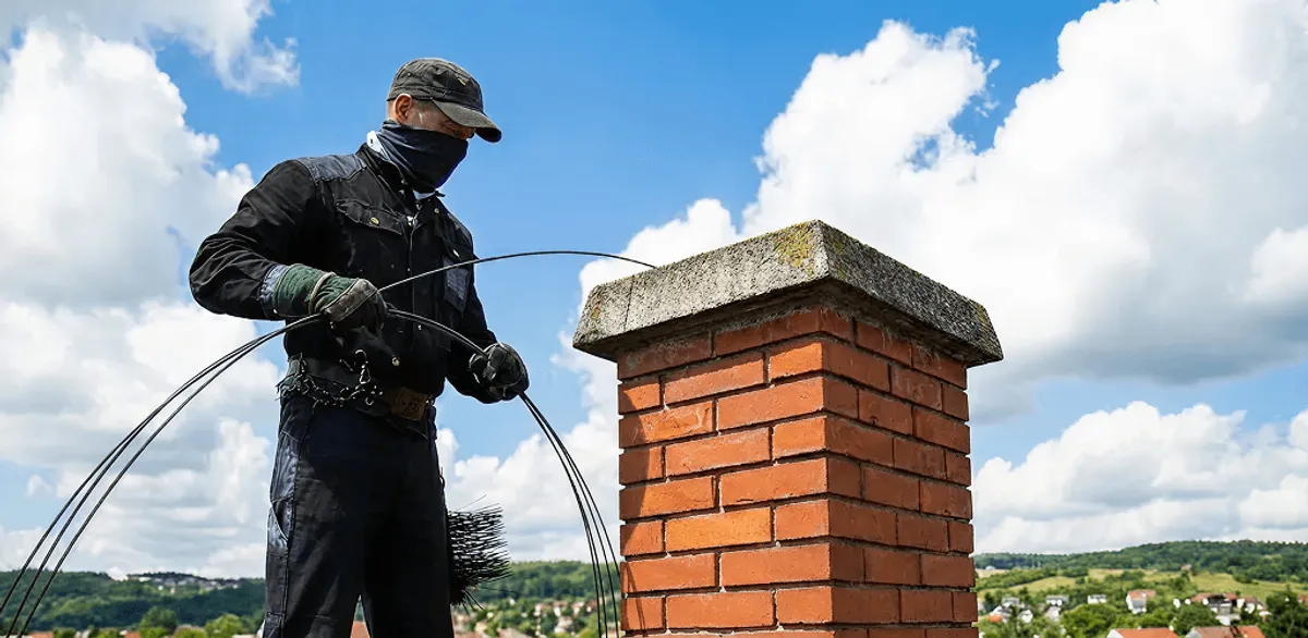 Chimney sweep cleaning a brick chimney with professional tools in Wilmington, NC