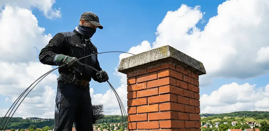 Chimney sweep cleaning a brick chimney with professional tools in Wilmington, NC