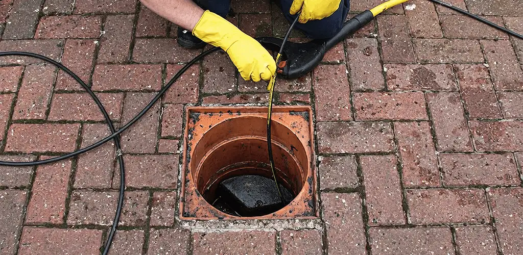 Drain cleaning technician using a drain snake to clear a clogged drain in Wilmington, NC