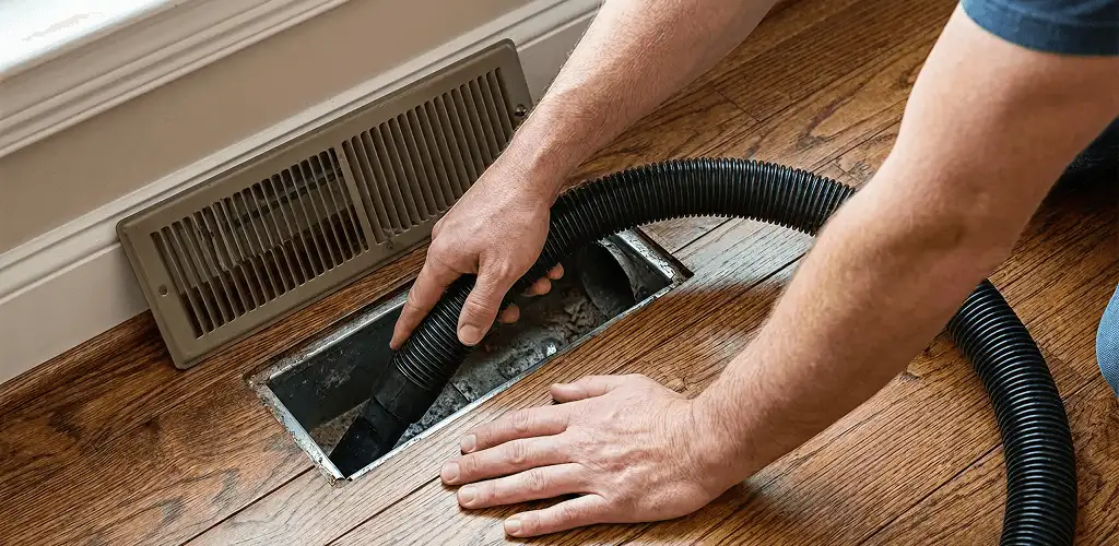 Air duct cleaning technician vacuuming a floor register and duct opening in Wilmington, NC
