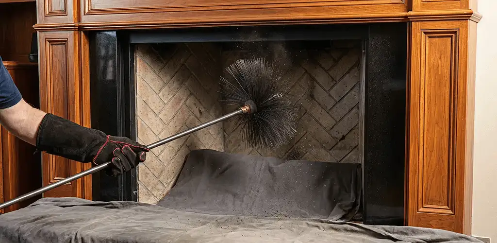 Chimney cleaning service brushing soot from a fireplace and flue in Wilmington, NC