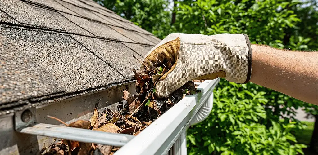 Gutter cleaning removing leaves and debris from roof gutters in Wilmington, NC