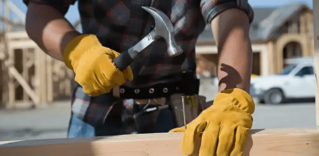 Handyman fixing wood trim with a hammer for home repairs in Wilmington, NC