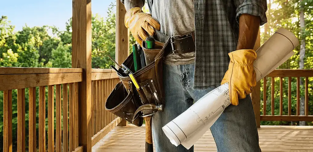 Professional handyman with tool belt ready for home repairs in Wilmington, NC