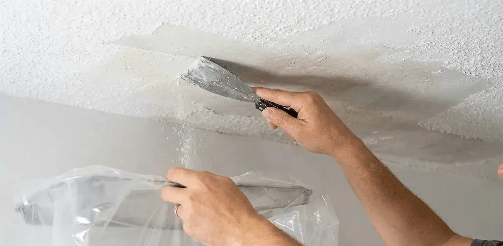 Popcorn ceiling removal technician scraping texture from a ceiling in Wilmington, NC