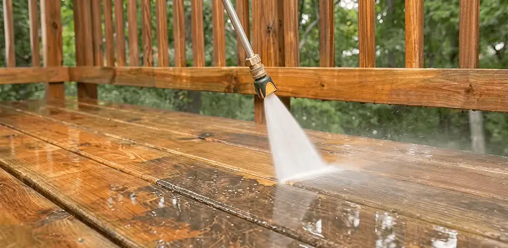 Pressure washing a wood deck to remove dirt and buildup in Wilmington, NC