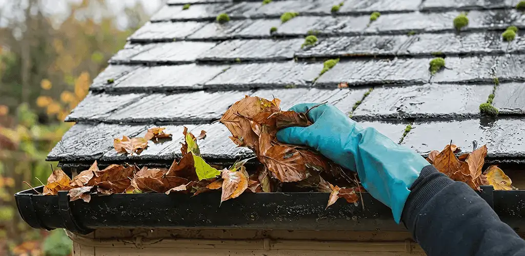 Gutter cleaning technician clearing wet leaves from roof gutters in Wilmington, NC