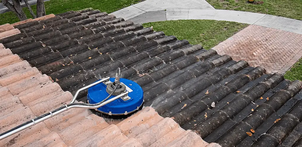 Roof pressure cleaning removing debris and buildup from roof tiles in Wilmington, NC