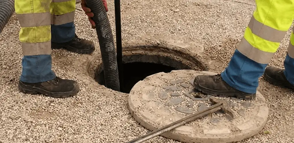 Drain cleaning crew clearing a sewer access point with professional equipment in Wilmington, NC