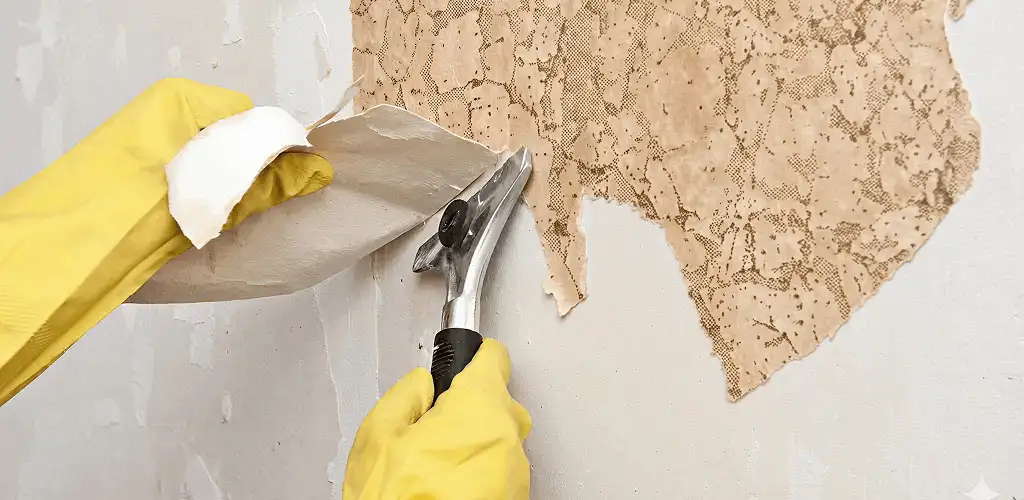 Wallpaper removal service stripping old wallpaper from a wall in Wilmington, NC