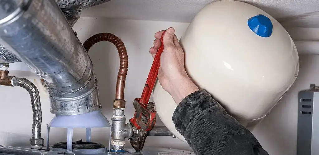 Water heater repair technician tightening plumbing connections near a tank unit in Wilmington, NC